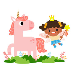 Fairy and Unicorn illustration with rainbow, stars, hearts, clouds, in cartoon style.
