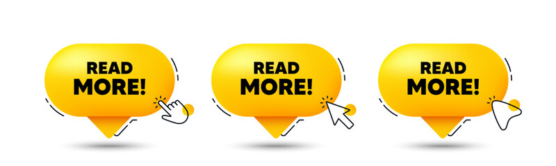 Read More tag. Click here buttons. Navigation sign. Get description info symbol. Read more speech bubble chat message. Talk box infographics. Vector