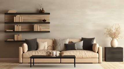 Accent black wooden coffee table near beige sofa against wall with shelves. Country boho home interior design of modern living room. Generative AI