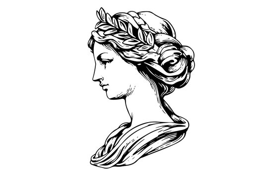 Aphrodite head hand drawn ink sketch. Engraved style vector illustration.