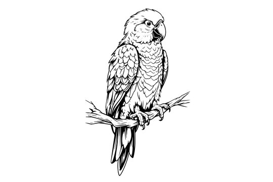 Parrot sitting on a branch hand drawn ink sketch. Engraved style vector illustration.