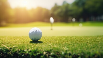 Close-up golf ball on tee with bokeh background, green grass and sunlight - obrazy, fototapety, plakaty