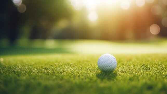 Close-up golf ball on tee with bokeh background, green grass and sunlight