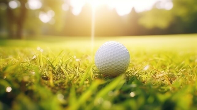 Close-up golf ball on tee with bokeh background, green grass and sunlight