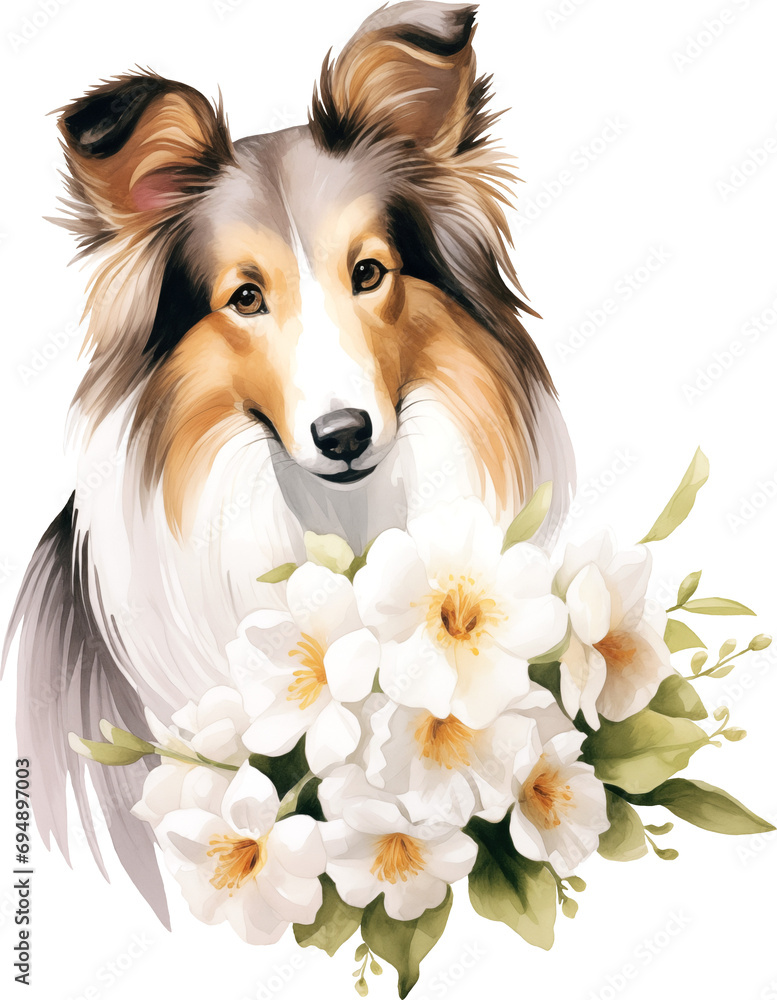 Poster sheltie with flowers portrait illustration created with generative ai technology