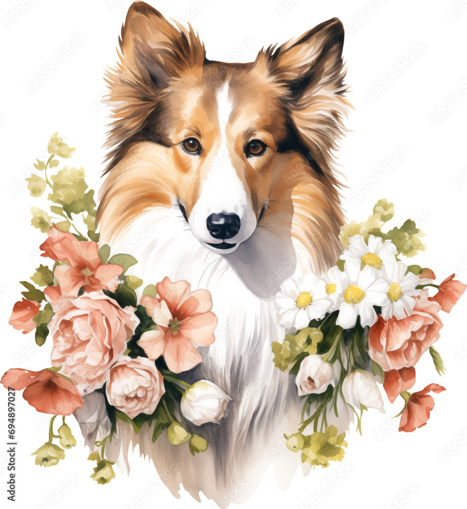 Poster sheltie with flowers portrait illustration created with generative ai technology