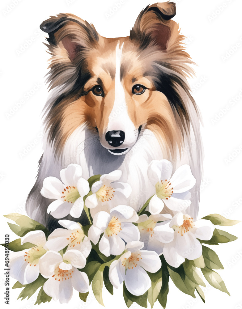 Poster sheltie with flowers portrait illustration created with generative ai technology