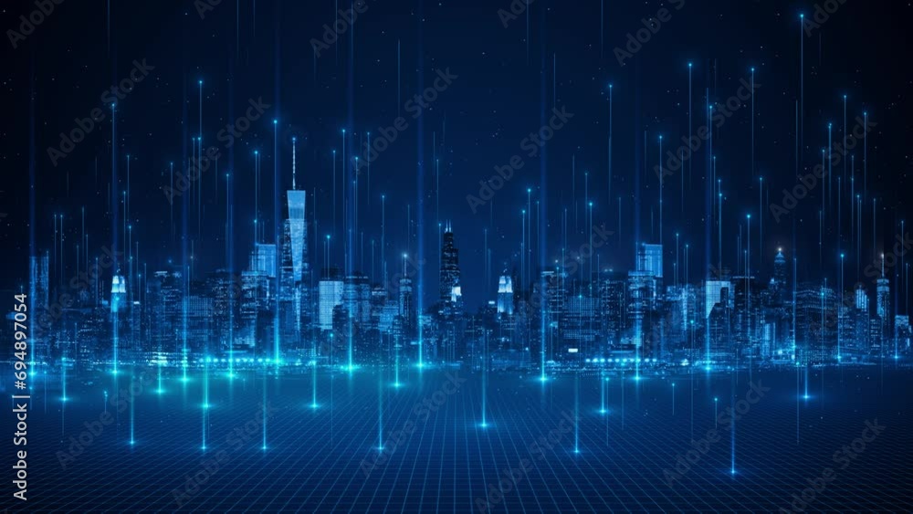 Poster 4k 3d modern smart city with wireless network connection line network, technology metaverse concept.