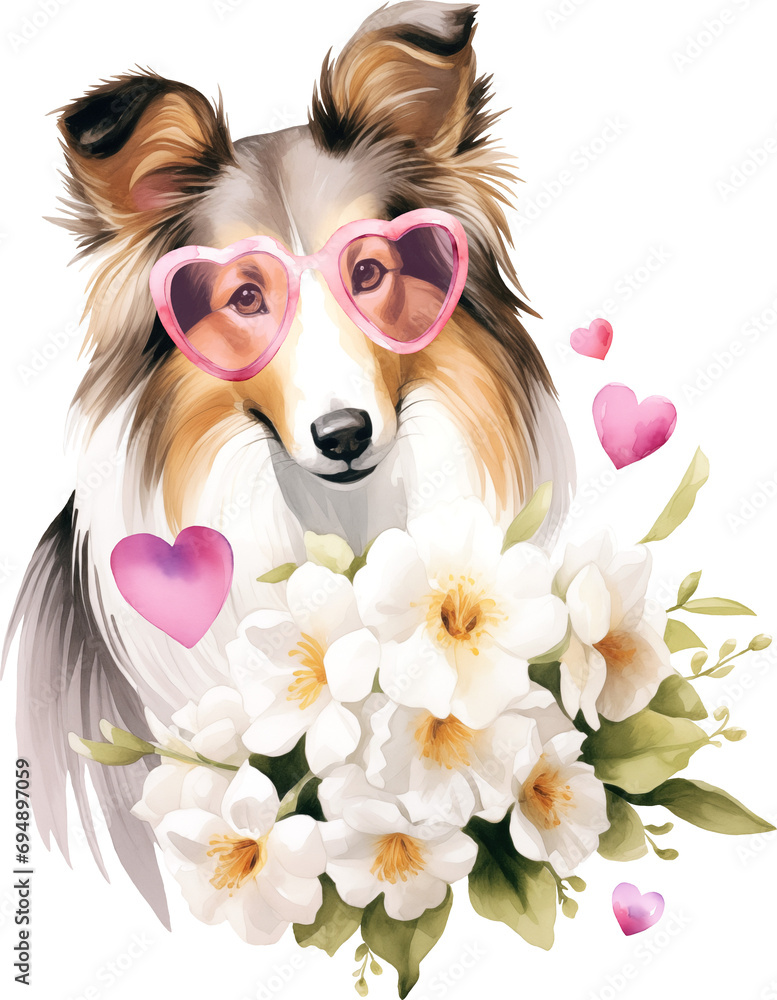 Poster valentine sheltie portrait illustration created with generative ai technology
