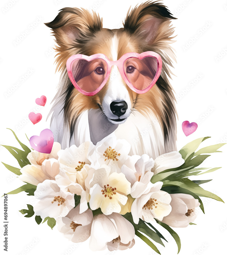 Poster valentine sheltie portrait illustration created with generative ai technology