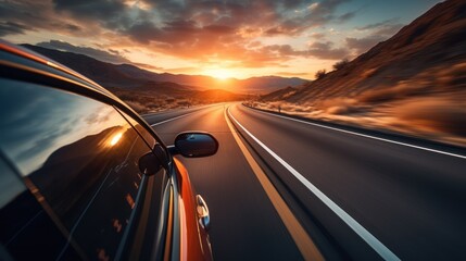 Modern car driving fast on mountain view road at sunset