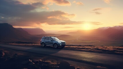 Fototapeta na wymiar Small car on mountain landscape road at sunset
