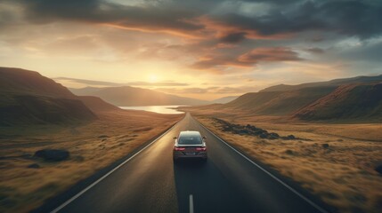 Small car on mountain landscape road at sunset - obrazy, fototapety, plakaty