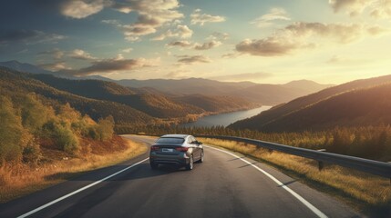 Small car on mountain landscape road at sunset - obrazy, fototapety, plakaty