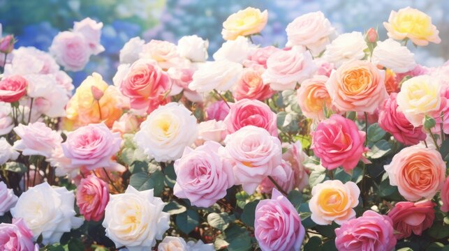 Summer roses bloom on the blooming flower festival background