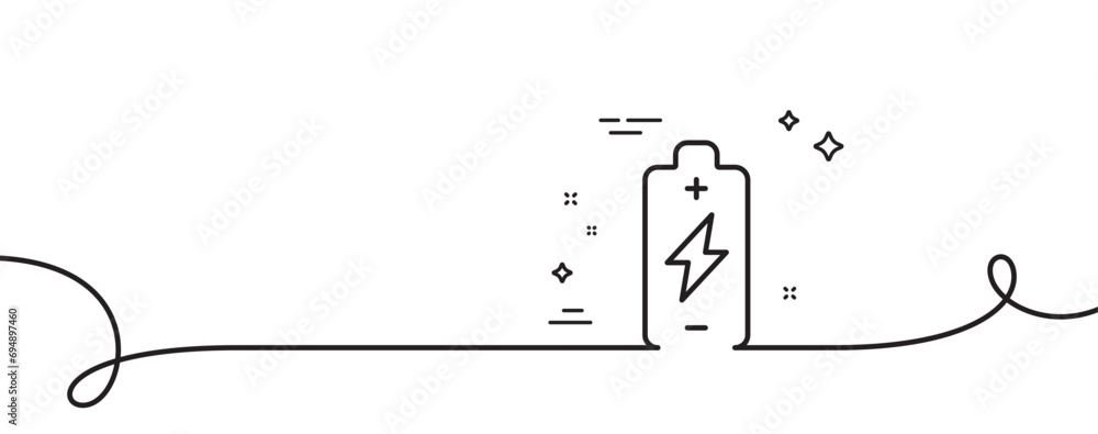 Poster battery charging line icon. continuous one line with curl. electricity energy type sign. lightning b