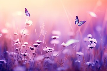 Beautiful wild flowers chamomile, purple wild peas, butterfly in morning haze in nature close-up macro. Landscape wide format, copy space, cool blue tones. Delightful pastoral airy artistic image blur