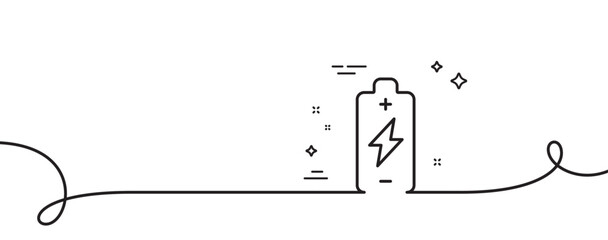 Battery charging line icon. Continuous one line with curl. Electricity energy type sign. Lightning bolt symbol. Battery charging single outline ribbon. Loop curve pattern. Vector