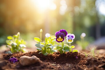 Planting In Garden a pansy flower with blurred background with bokeh sunshine with copy space
