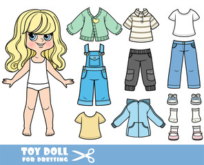 Cartoon blong girl with wavy hair and clothes separately - cardigan, denim overalls, shirt, jacket, jeans and sneakers