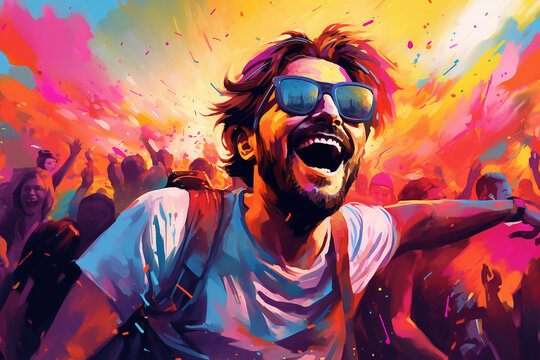 Cheerful young man dancing at a Holi festival. 