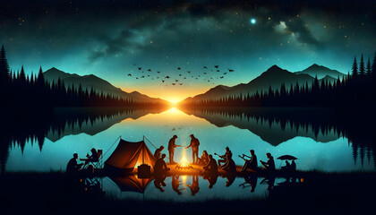 A tranquil 16x9 camping scene under a starry sky beside a lake, with distant mountains and a campfire illuminating diverse individuals in various activities