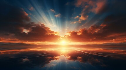 Euphoric Sunrise Over Horizon: A captivating 3D visualization of a sunrise, casting a warm glow over a tranquil landscape. Text areas explore the emotional impact of witnessing suc - obrazy, fototapety, plakaty