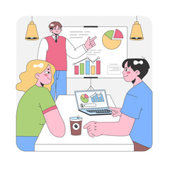 Team meeting in modern workspace. Manager explaining charts, employee showcases laptop data, colleague attentively listens with coffee. Informative visuals, collaborative discussion. Flat vector.