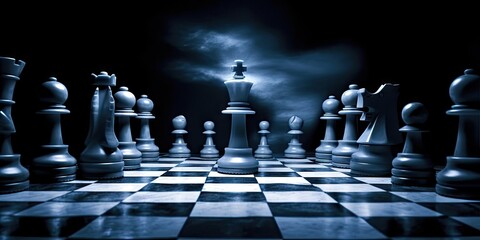 Strategic chess game. Captivating image showcases chessboard with various pieces arranged for game. Contrasting black and white pieces symbolize strategic thinking competition and intelligence
