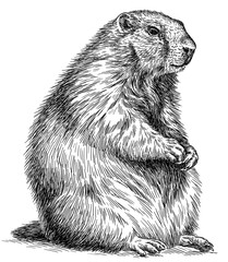 Vintage engraving isolated marmot set illustration groundhog ink sketch. Woodchuck background silhouette art. Black and white hand drawn image - obrazy, fototapety, plakaty