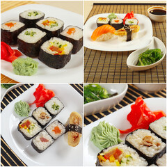 Collage of traditional asian sushi and roll sets on bamboo mats.