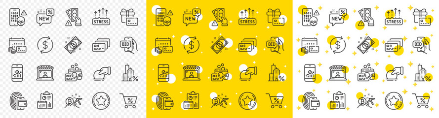 Outline Bitcoin, Donate and Money calendar line icons pack for web with Usd exchange, Smartphone statistics, Card line icon. Report, Stress grows, Bitcoin mining pictogram icon. Wallet. Vector - obrazy, fototapety, plakaty