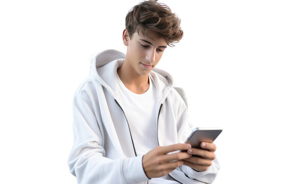Teenager Boy Fully Engrossed in Mobile Gaming Entertainment Isolated on Transparent Background PNG.