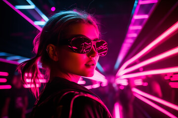rave girl in club, pink lights