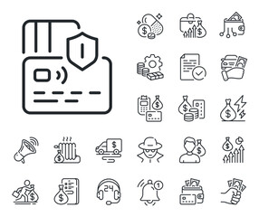 Bank money payment sign. Cash money, loan and mortgage outline icons. Credit card line icon. Shield protection symbol. Card line sign. Credit card, crypto wallet icon. Inflation, job salary. Vector