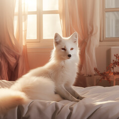 Raposa albina fofa em um quarto de dormir com uma janela no fundo sobre a luz do sol - Papel de parede - obrazy, fototapety, plakaty