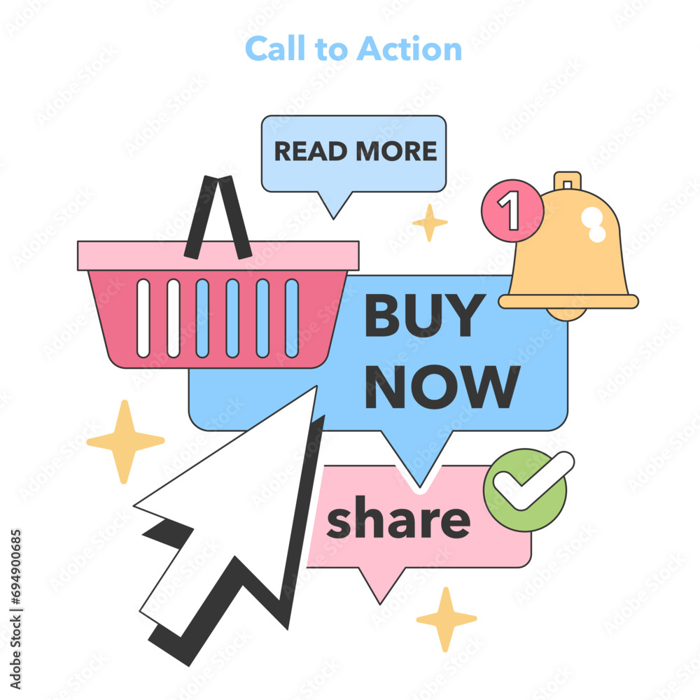 Poster engaging e-commerce visuals with 'buy now', 'read more', and 'share' prompts guide the user, highlig