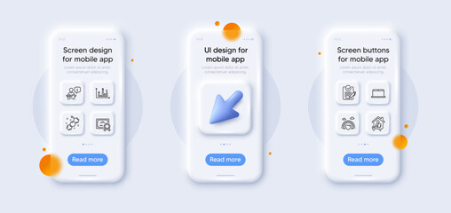 Survey results, Lgbt and Laptop line icons pack. 3d phone mockups with cursor. Glass smartphone screen. Work home, Rfp, Podium web icon. Certificate, Chemical formula pictogram. Vector