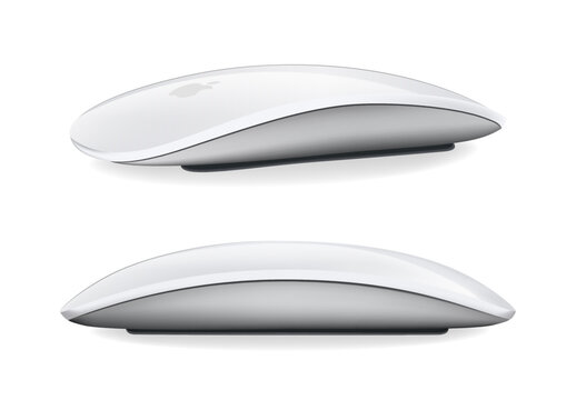 White Apple Magic Mouse - Black Multi-Touch Surface, on white background, vector illustration. The Magic Mouse is a multi-touch wireless mouse sold by Apple Inc