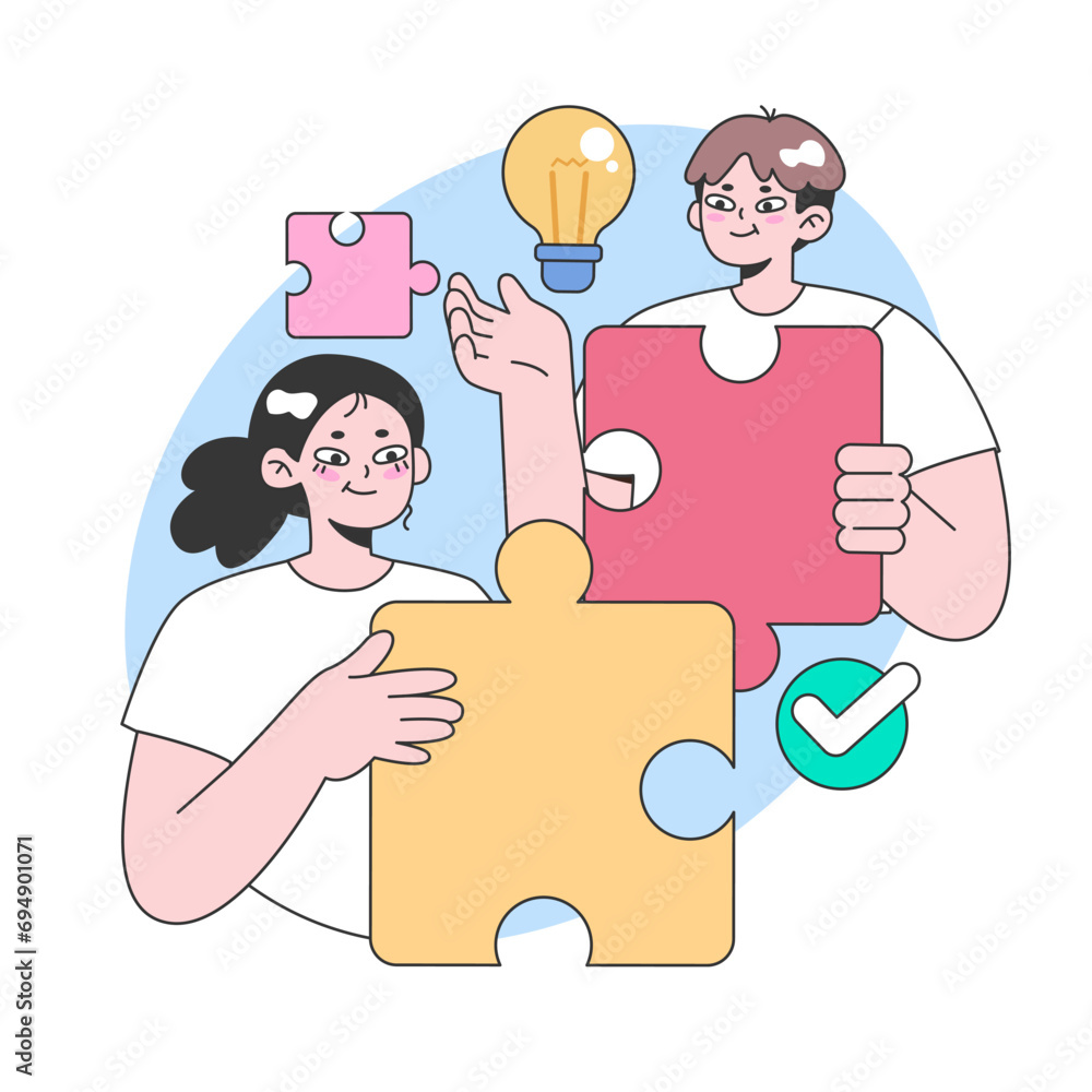 Poster problem-solving collaboration concept. two individuals fitting large puzzle pieces, surrounded by sy