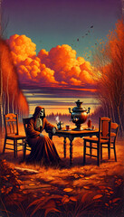 phone wallpaper skeleton drinking tea against the backdrop of autumn forest and sunset