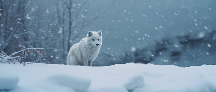 White fox in the snow, animal photography, digital art