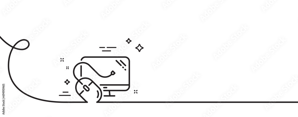 Poster computer line icon. continuous one line with curl. pc mouse component sign. monitor symbol. computer