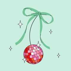 Disco mirror ball cherry with bow in cartoon style. Cute trendy design. Vector funky illustration. Ballet-core, coquette-core background.   - 694901485