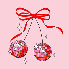 Disco mirror ball cherry with bow in cartoon style. Cute trendy design. Vector funky illustration. Ballet-core, coquette-core background.   - 694901488