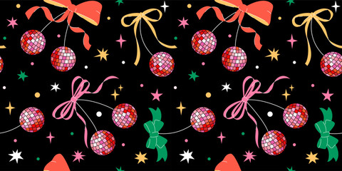 Seamless pattern with Disco mirror ball cherry with bow in cartoon style. Cute trendy design. Vector funky illustration. Ballet-core, coquette-core background.   - 694901491
