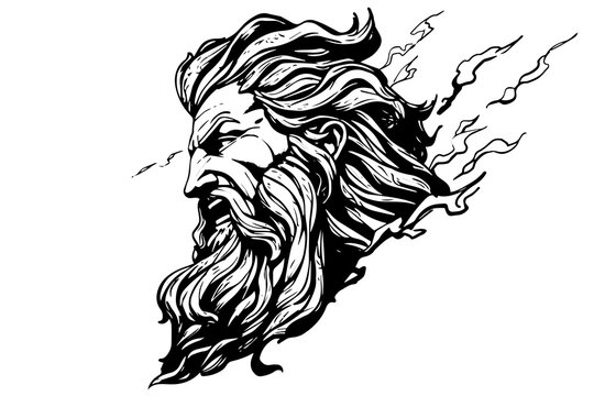 Zeus head hand drawn logo ink sketch. Engraved style vector illustration.