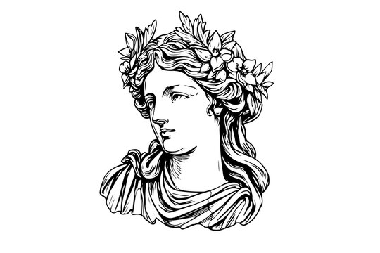 Aphrodite head hand drawn ink sketch. Engraved style vector illustration.