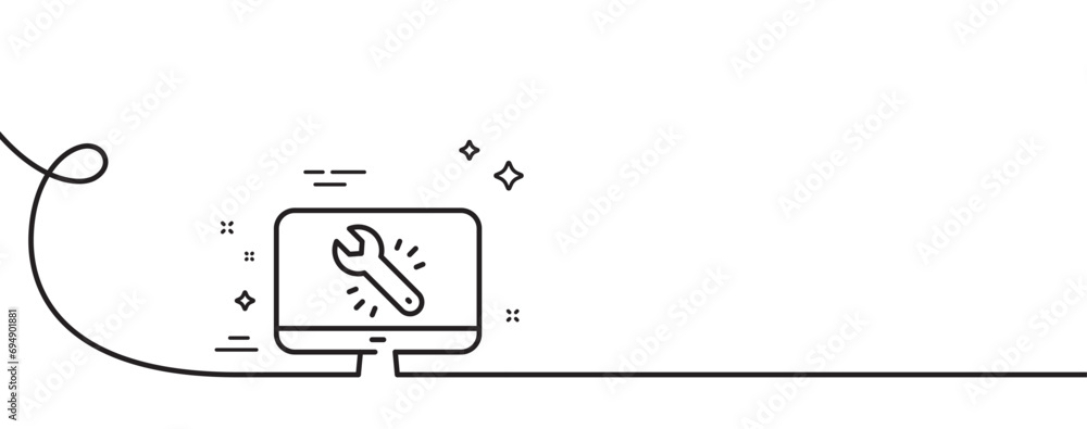 Poster spanner tool line icon. continuous one line with curl. monitor or computer repair service sign. fix 