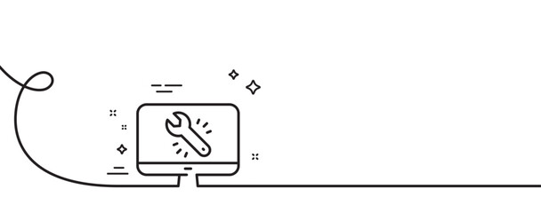 Spanner tool line icon. Continuous one line with curl. Monitor or computer repair service sign. Fix instruments symbol. Monitor repair single outline ribbon. Loop curve pattern. Vector